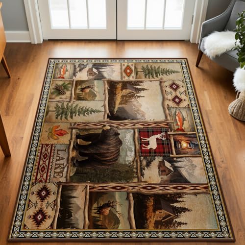 Rustic Lodge Bear Moose Deer Rugs for Entryway 3x5, Farmhouse Cabin Door Mats Indoor Entrance for Entryway Bedroom Dining Room, Non-Slip Machine Washable Indoor Entry Rug Doormat Carpet - color: Rustic Bear, size: 3' x 5'