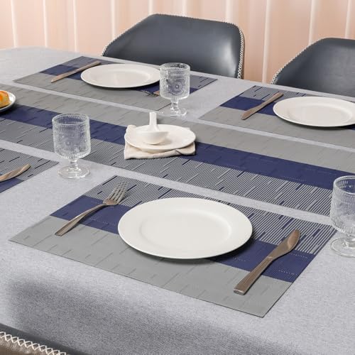 Placemats Set of 6, Vinyl Woven Heat-Resistant Place Mats - color: Blue Gray, size: Set of 6