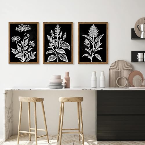 AVECCO 3 Pieces Black White Botanical Wall Art Canvas Framed 12x16 Inch - color: Dark, size: 16"L x 12"W