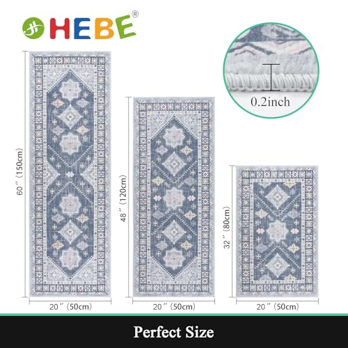HEBE Boho Kitchen Rugs Set of 3, Non Slip Washable Kitchen Mats for Floor - color: Ash Blue, size: 20"x32"+20"x48"+20"x59"