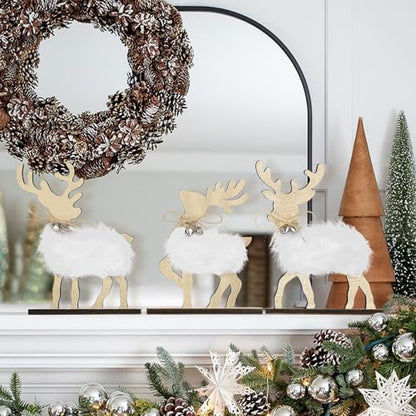 COCHIE Cute Christmas Tiered Tray Decor Indoor, Wooden Reindeer Christmas Tabletop Decorations and Xmas Tree Centerpiece, Reindeer Sign Standing Elk Decor for Home Party Decorations (Fur) - style: Fur