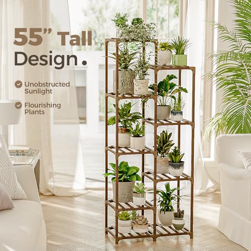 Bamworld Plant Stand Indoor Outdoor 9 Tier Tall Large Wood Plant Shelf - color: Brown, size: 9 Tiers - Standard