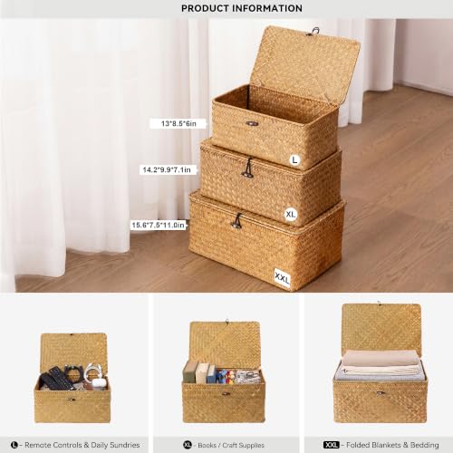 Nonam Large Wicker Basket with Lid,Seagrass Shelf Basket Set of 3,Nautral - color: Large Natural * Set of 3