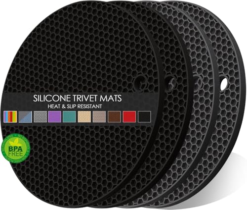 4 Pack Silicone Trivets for Hot Pots and Pans, Pot Holders Hot Pads, Non-Slip & Heat Resistant Silicone Mats for Kitchen Counter, Soft Durable Drying Mat, Jar Opener and Coasters (2 Black+2 Dark Grey) - color: 03 Deep Gray + Black Round, size: 7x7in
