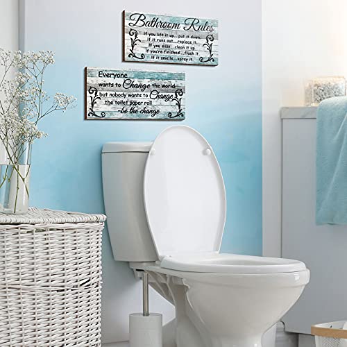 Jetec 2 Pcs Funny Teal Bathroom Wall Decor Wooden Sign 12 x 6 Inch Rustic - style: Chic Style