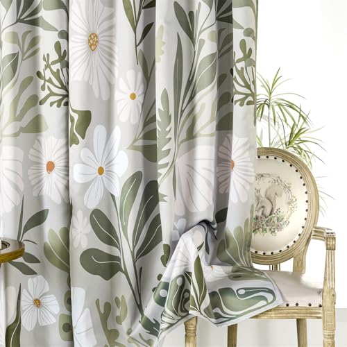 RoomTalks Henri Matisse Blackout Window Curtains for Bedroom Living Room 84 Inches Length 2 Panels, Modern Abstract Aesthetic Botanical Cute Boho Floral Curtain Panels Drapes Green and Greyish White - color: Green and Greyish White