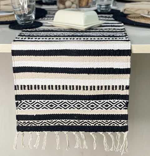 CHARDIN HOME Black, Cream, White Boho Table Runner | Cotton Farmhouse Table Linen 13x90 Inches| Machine Washable, Durable and Easy to Combine - color: Ivory-black, size: 13x90 Inch.