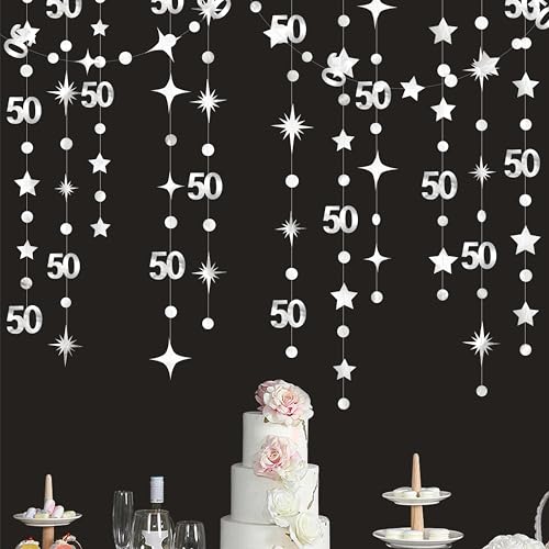 Silver 50th Birthday Decorations Number 50 Circle Dot Twinkle Star Garland Metallic Hanging Streamer Bunting Banner Backdrop for 50 Year Old Birthday Happy 50th Anniversary Fiftieth Party Supplies - color: Silver