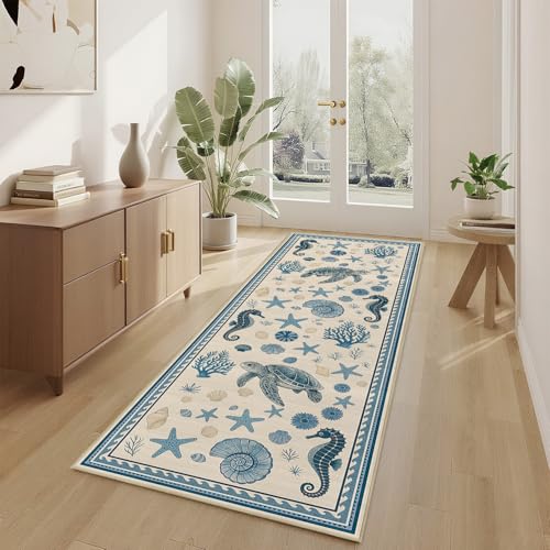 Coastal Nautical 2x6 Runner Rug for Hallway Kitchen Bedroom Sea Turtle - color: Coastal, size: 2' x 6' (Rectangular)