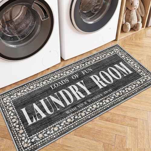 Non-Slip 20"X48" Laundry Room Rug: Vintage Washable Runner Rug for Laundry Room - Stain Resistant Durable Washroom Bathroom Carpet - Low Pile Ultra Soft Floor Mat Farmhouse Home Decor 20"x48" Black - color: Black, size: 1'8" x 4' (Rectangular)