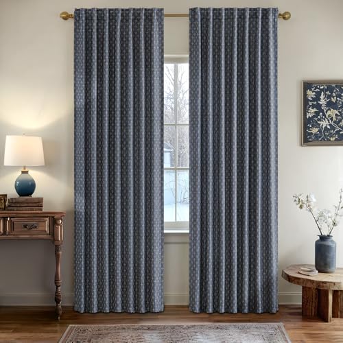 MIULEE Patterned Farmhouse Linen Curtains, Back Tab, 52Wx90L, Blue - color: Blue, size: 52"W x 90"L (Pack of 2)