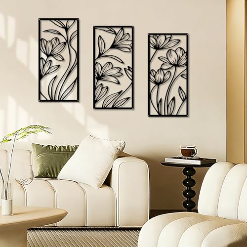 YIYA 3 Pcs Black Metal Flower Wall Art Minimalist Floral Line Art Sculpture 16.9" x 7.9" Rustic Iron Hanging Decor for Living Room Bedroom Bathroom（Lily） - style: lily
