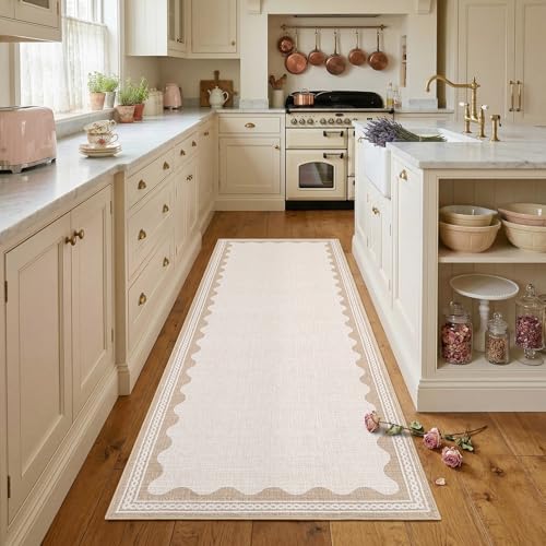 GarveeHome Scalloped 2x6 Runner Rug for Hallway Washable Kitchen Rugs Non Slip Solid Beige Modern Soft Low-Pile Indoor Carpet for Entryway Laundry Room Floor Mats - color: Beige, size: 2' x 6' (Rectangular)