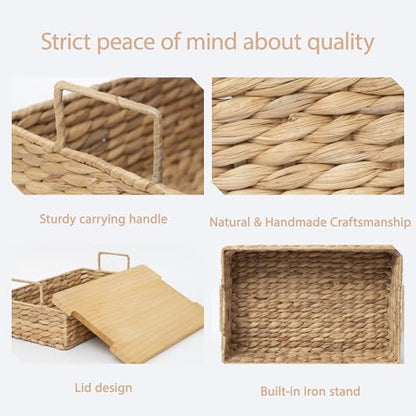Water Hyacinth Wicker Storage Baskets with Wooden Lid (Large) - size: Large (Single)