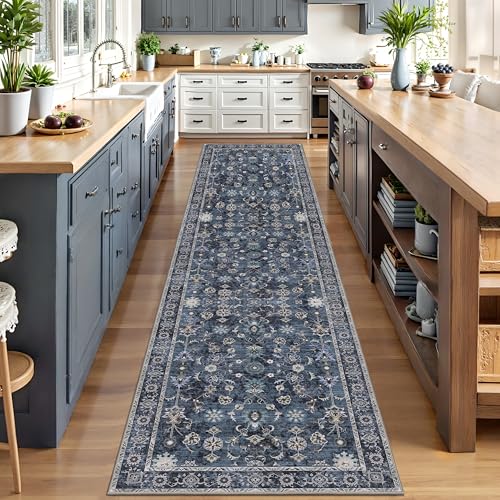 Tangsoo 3x10 Runner Rug for Hallway Non Slip,Washable Blue Long Runner Rugs - color: Distressed Blue Black, size: 3' X 10' (Runner)