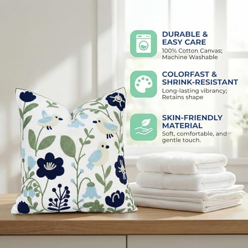 Navy Blue Bird Floral Embroidered Pillow Covers 20x20 Set of 2 - color: Navy Blue Green, size: 20" x 20" (Pack of 2)