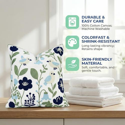 Navy Blue Bird Floral Embroidered Pillow Covers 20x20 Set of 2 - color: Navy Blue Green, size: 20" x 20" (Pack of 2)