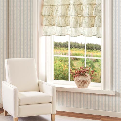 jinchan Alisa Ruffled Floral Valance Curtain 18 Inch 1 Panel Green on Linen - color: Alisa Green on Linen