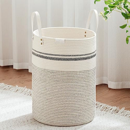 VIPOSCO 72L Tall Woven Rope Laundry Hamper, Leather Handles, Stripe White - color: Stripe White, size: 72L