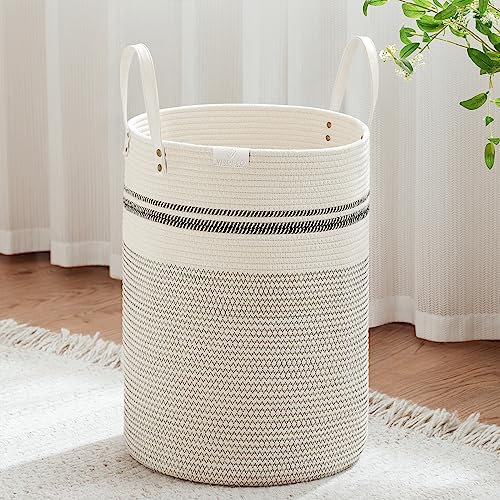 VIPOSCO 72L Tall Woven Rope Laundry Hamper, Leather Handles, Stripe White - color: Stripe White, size: 72L