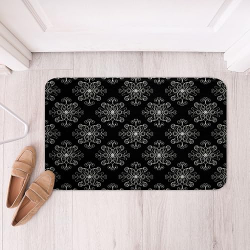 jejeloiu Gothic Bathroom Rugs Microfiber 20"x32" Black Silver Scroll Damask Bath Mats Non-Slip Silver Damask Baroque Bathroom Accessories Floor Doormats Soft Door Mat - color: Black Silver, size: 20"x32"