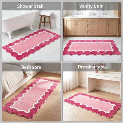 Scalloped Rose Pink Bathroom Rug Runner, Non Slip Absorbent 24"x59" - color: Rose Pink, size: 2' x 4'92" (Rectangular)