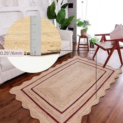 Wave Scalloped Jute Rug Entryway Natural Boho Area Rug Rustic Red 2'x4' - color: Rustic Red, size: 2'x4'