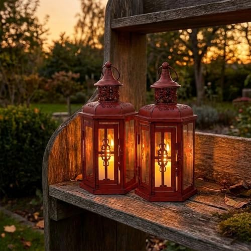 JHY DESIGN Set of 2 Decorative Candle Lanterns 10“H Vintage Hanging Lanterns Metal Candleholders for Indoor Outdoor Events Parities Gothic and Halloween (Red with Black Brush) - color: 10"h Set of 2 Red
