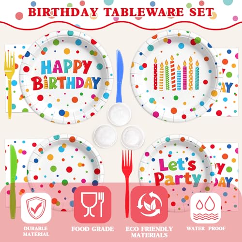 195 Pcs Birthday Party Supplies (Serves 24), Happy Birthday Party Dots Design Decorations Include Banner Hanging Plates Napkins Cups Forks Knifes Tablecloth Topper Balloons for Decorations