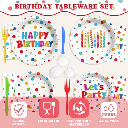 195 Pcs Birthday Party Supplies (Serves 24), Happy Birthday Party Dots Design Decorations Include Banner Hanging Plates Napkins Cups Forks Knifes Tablecloth Topper Balloons for Decorations