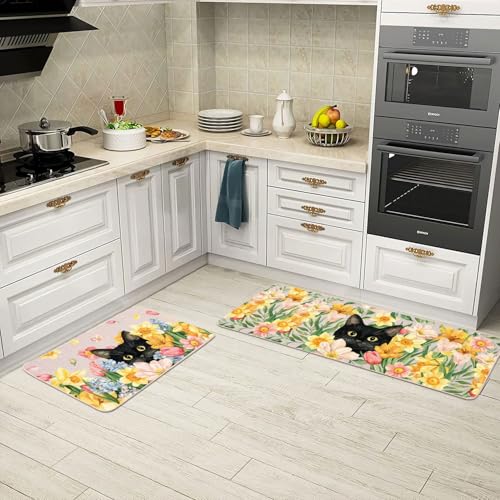 Tulip Black Cat Kitchen Mats Set of 2, Waterproof Non-Slip Kitchen Rugs - color: Tulip Black Cat