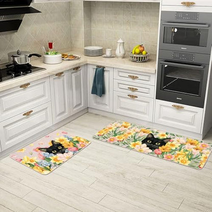 Tulip Black Cat Kitchen Mats Set of 2, Waterproof Non-Slip Kitchen Rugs - color: Tulip Black Cat