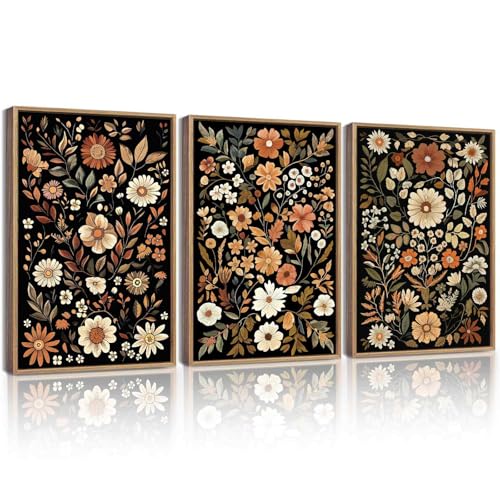 KUVIOKE Orange Vintage Flower Framed Wall Art Boho Floral Wall Decor Retro Wildflower Modern Art Prints for Living Room Bedroom 12x16in (Natural Framed) - color: Vintage Flowers, size: 12 x 16in x 3 Panels Natural