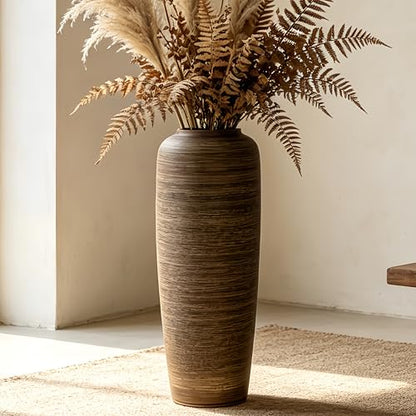 Brown Rustic Ceramic Floor Vase, 19.7 Inch, Ribbed Texture - size: 19.7 Inch