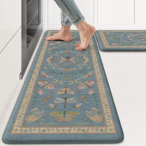 KIMODE Kitchen Mats Cushioned Anti Fatigue Kitchen Mats for Floor 2 Piece - color: Vintage Blue Botanical