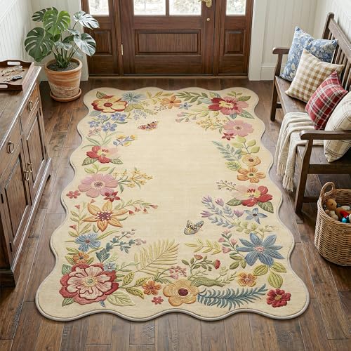 FMFUNCTEX 4x6 Washable Beige Floral Vintage Scalloped Area Rug for Entryway - color: Beige, size: 4' x 6' (Rectangular)