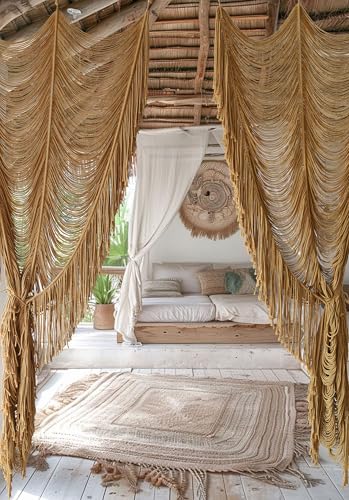 Macrame Curtain Handmade Khaki Boho Doorway window Curtain Room 41"W*75"L - color: Khaki1