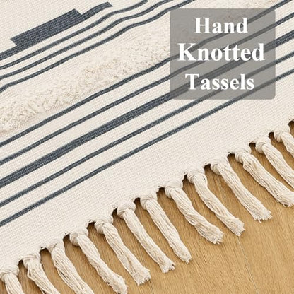 Boho Runner Rug Washable Hallway Rug Runner, Tufted Woven Cotton Farmhouse Area Floor Mat for Bedroom, Modern Diamond Entryway Carpet with Tassels (Grey, 2'x4.3') - size: 2' x 4'3" (Rectangular)