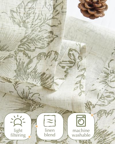jinchan Green Floral Kitchen Tier Curtains Alice 24 Inches Tie Top 2 Panles - color: Alice Green on Linen, size: 26"W x 24"L (Pack of 2)