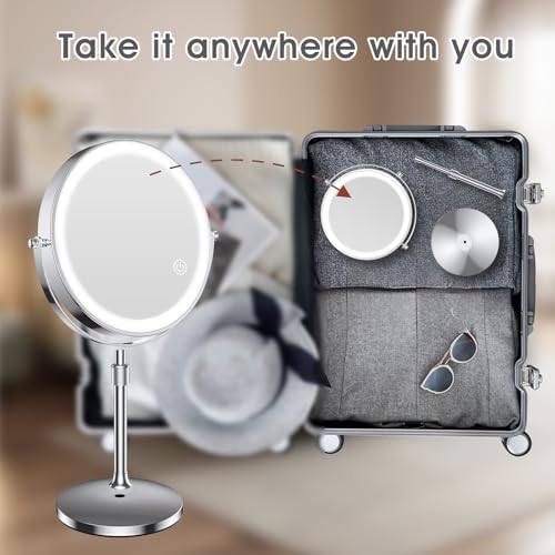 MILPROX Adjustable Height Makeup Mirror with 10X Magnifying & Light, Silver - color: Silver