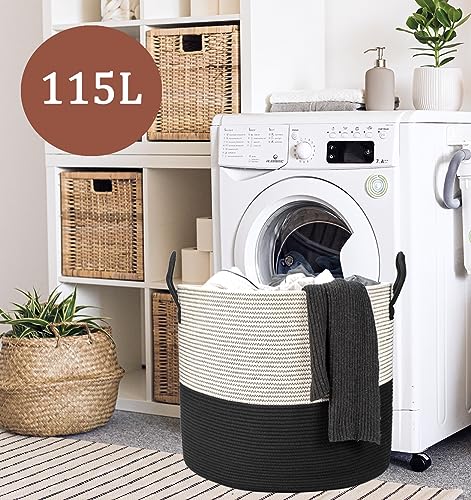 21" x 18"Extra Large storage baskets,Eco-friendly rope baskets with lid,blanket basket living room with lid,hampers for bedroom,big,round, Black 115L - color: White & Black