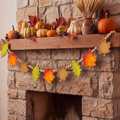 Qunclay 5.1ft Fall Wooden Leaves Garland with Bead Maple Leaves Banner