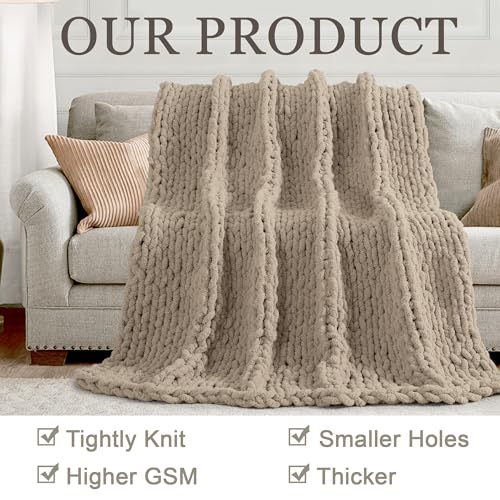 Chunky Knit Throw Blanket 60x80, 100% Handmade Chenille Yarn - color: Taupe, size: 60×80 inch