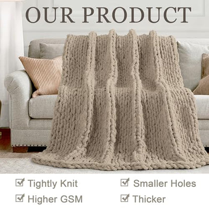 Chunky Knit Throw Blanket 60x80, 100% Handmade Chenille Yarn - color: Taupe, size: 60×80 inch