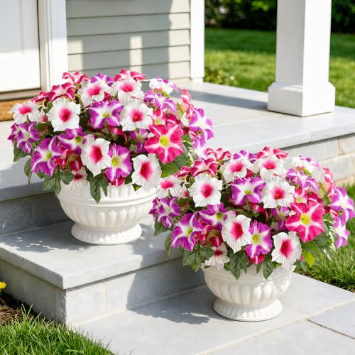 Uieke Artificial Flowers for Outdoors, 24PCS Faux Petunias Outdoor Uv Resistant Silk Flower, Spring Decorations for Home Garden Patio Porch, Fuchsia&White - color: Fuchsia & White