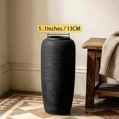Black Rustic Ceramic Floor Vase, 15.7 Inch, Ribbed Texture - size: 15.7 Inch