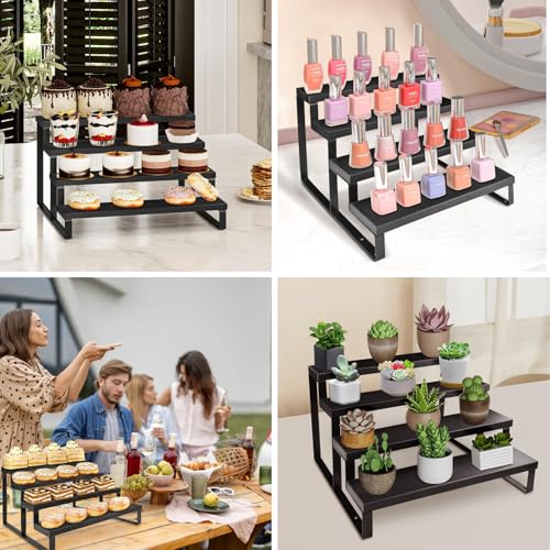 HomePekite Wooden Display Riser Stand, Tiered Perfume and Cologne Organizer Stand, 4 Tier Spice Rack Organizer, Rustic Display Shelf for Candles (4 Tier 2 Pcs), Black
