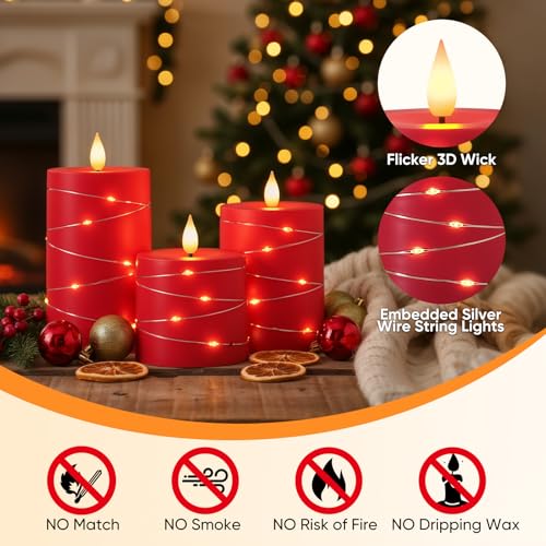 Raycare Red Battery Operated Flameless LED Pillar Candle with Remote Timer - color: 3pcs-Red