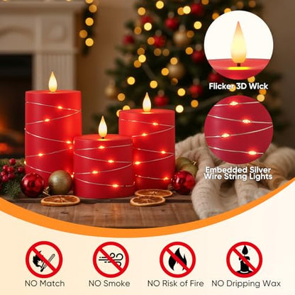 Raycare Red Battery Operated Flameless LED Pillar Candle with Remote Timer - color: 3pcs-Red
