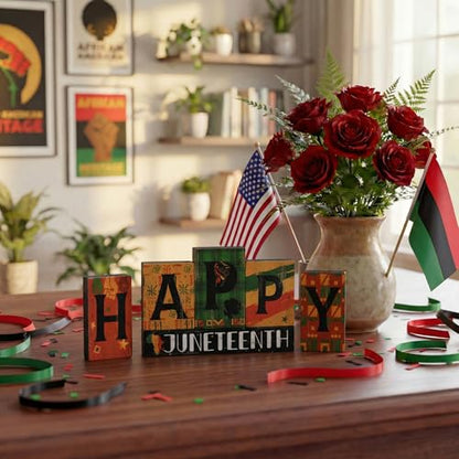 Smile Juneteenth HAPPY Wooden Desktop Decor - 6 Piece African American Black Pride Table Signs - Home Office Shelf Accents - Black History Month Gifts for Men, Women - style: Letter Juneteenth